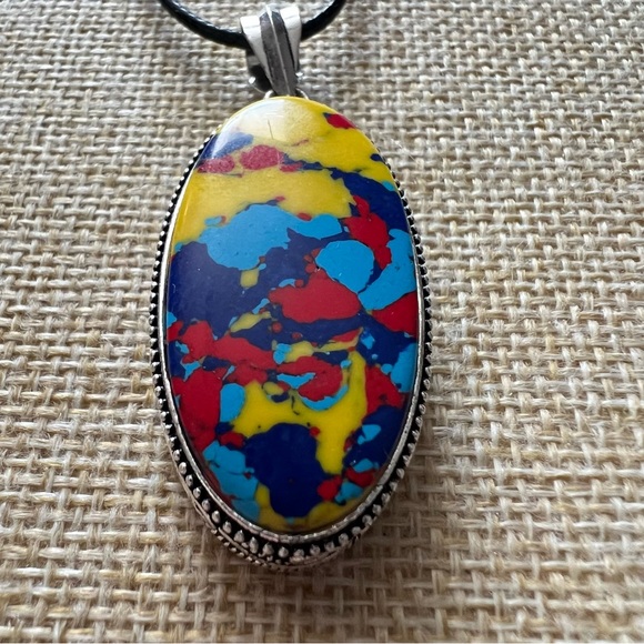 New Mosaic Balloon Jasper Vintage Style Silver Overlay Pendant Necklace - Picture 7 of 8